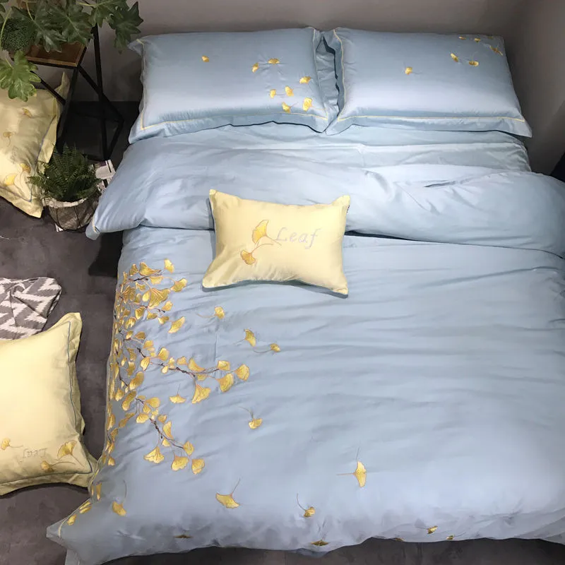 

4/7pcs Egyptian cotton ginkgo leaves Embroidery luxury bedding sets queen king duvet cover bed sheet set bed set bed linen