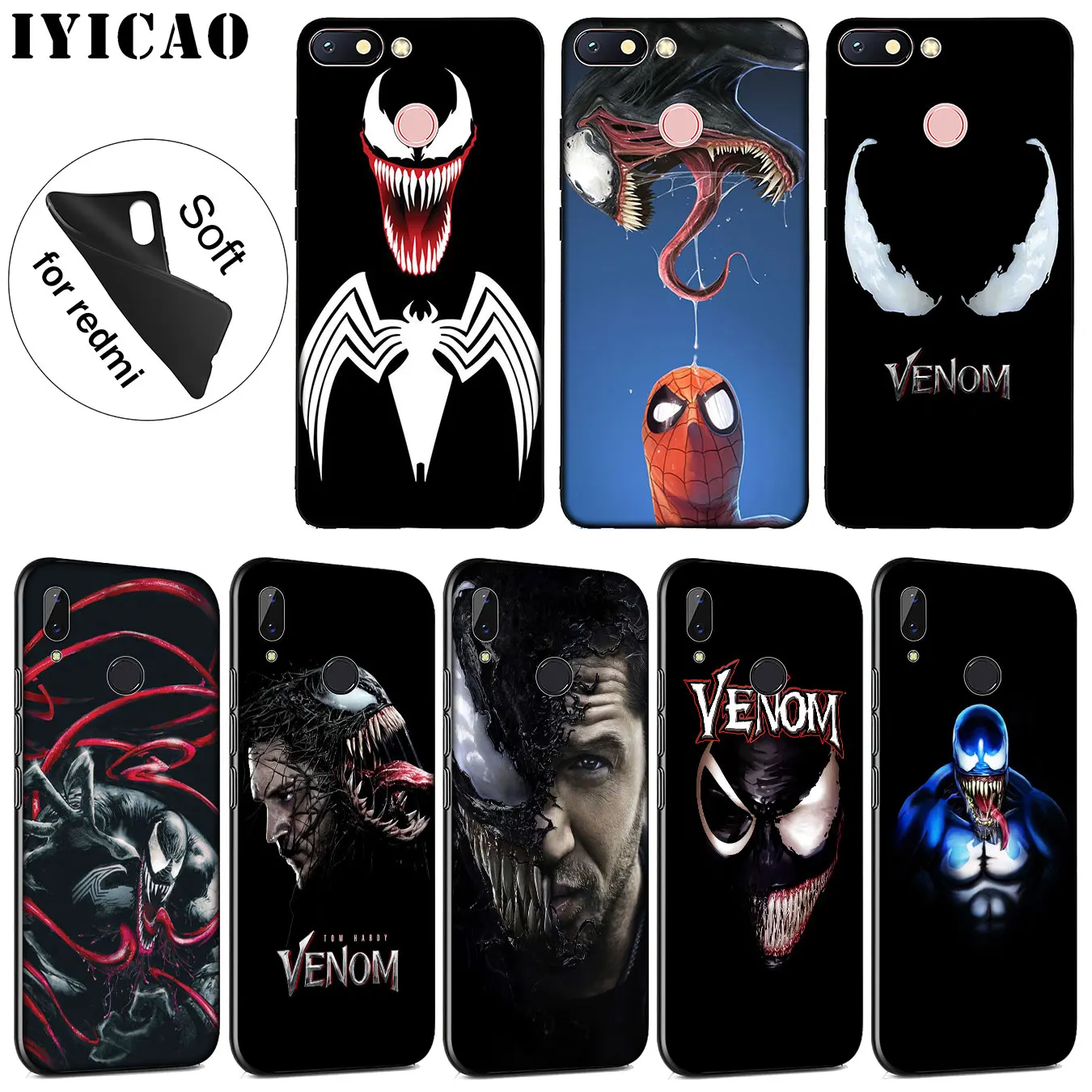 

IYICAO Venom Marvel Soft Silicone Phone Case for Xiaomi Redmi 6A 5A Note 7 4 4X 5 Plus 6 Pro Black TPU Cover