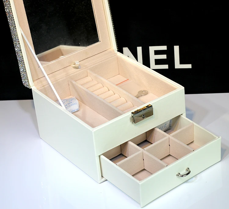  Jewelry box leather crystal with drawer and mirror Two-layer jewel box Rings Necklace Bracelet box  - 32978099487