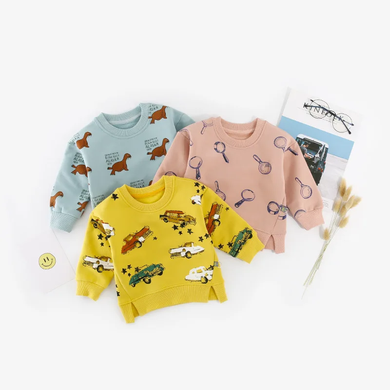 

2018 autumn baby t shirt plus velvet cartoon round neck car pullover in autumn and winter