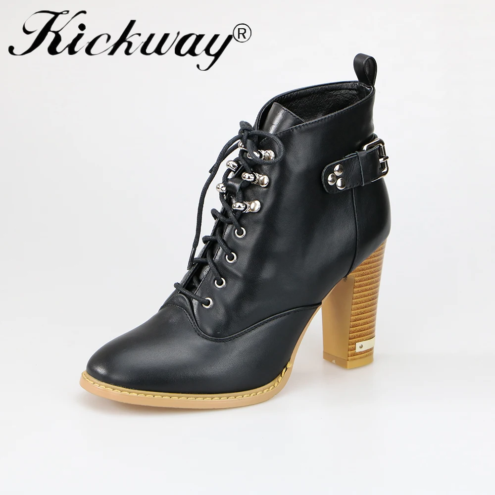 

Kickway Woman Fashion Genuine Leather Motorcycle Ankle Boots Female Lace Up high Heels Platform Comfortable Spring Autumn Shoes