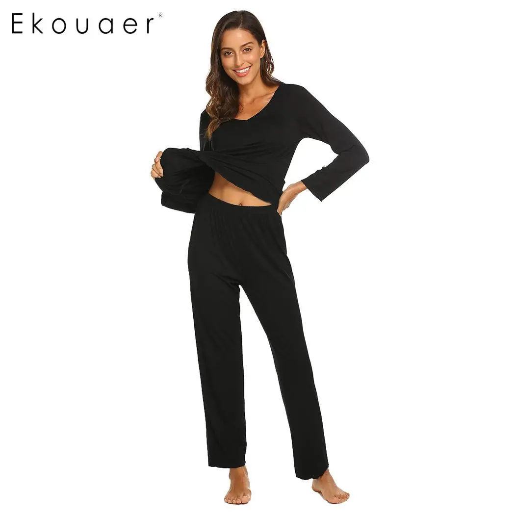 Ekouaer осенне-зимние женские пижамные комплекты, одежда для сна с длинным рукавом и v-образным вырезом, длинные штаны с рюшами, пижамный комплект, женские пижамы, одежда для сна - Цвет: B