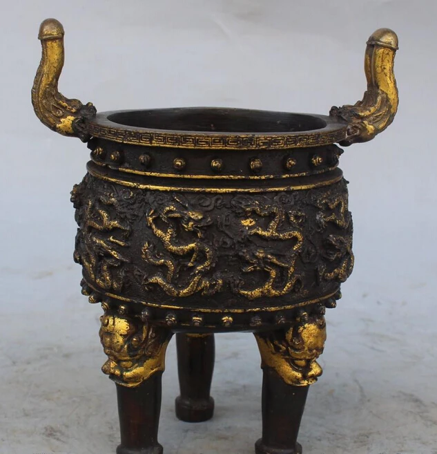 

bi003579 9"Chinese Bronze Gilt 9 Dragon Dragon Lion Incense Burner Censer Bowl Pot Statue