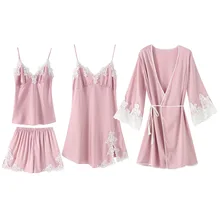 Пижамный костюм из вискозы, женское кимоно, банное платье, сексуальное, 4 шт., ночная рубашка, весна-лето, искусственный шелк, на бретельках+ шорты+ ночная сорочка+ халат, домашняя одежда, пижамный комплект