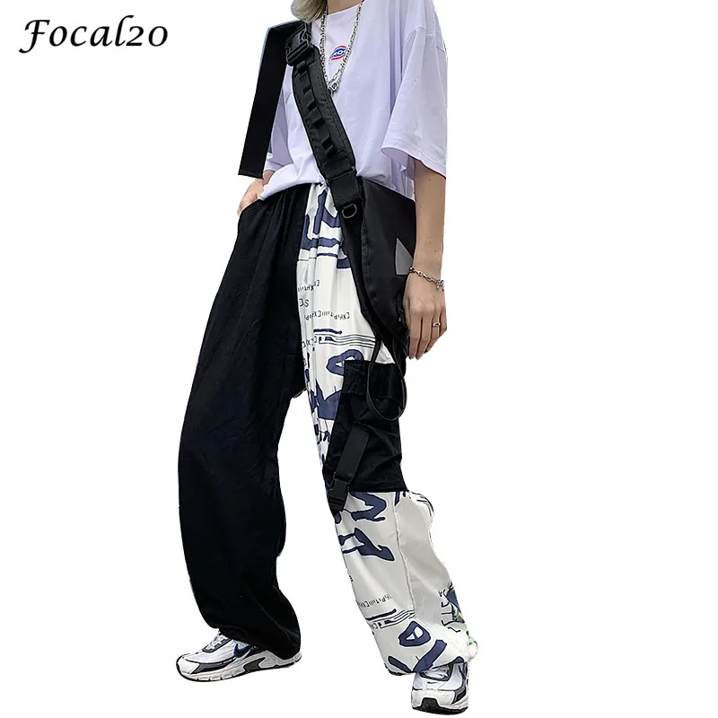 

Focal20 Streetwear Graffiti Patchwork Ribbon Female Jogger Pants Color Block Pocket High Elastic Waist Women Pants Trousers