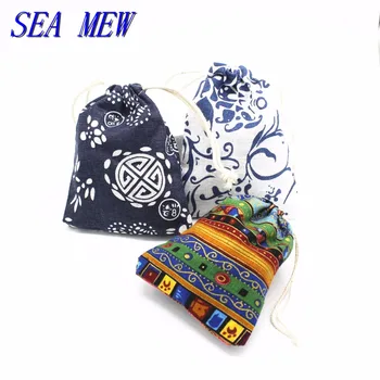 

SEA MEW 9 Colors China's Ethnic Style Linen Pouch Gift Candy Jewelry Packaging Drawable Bags Wedding Party Favor 50PCS