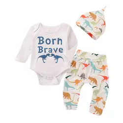 Бесплатная доставка 3 шт. Мода новорожденных для маленьких мальчиков письмо ползунки хлопковые топы + брюки с динозаврами шляпа комплект