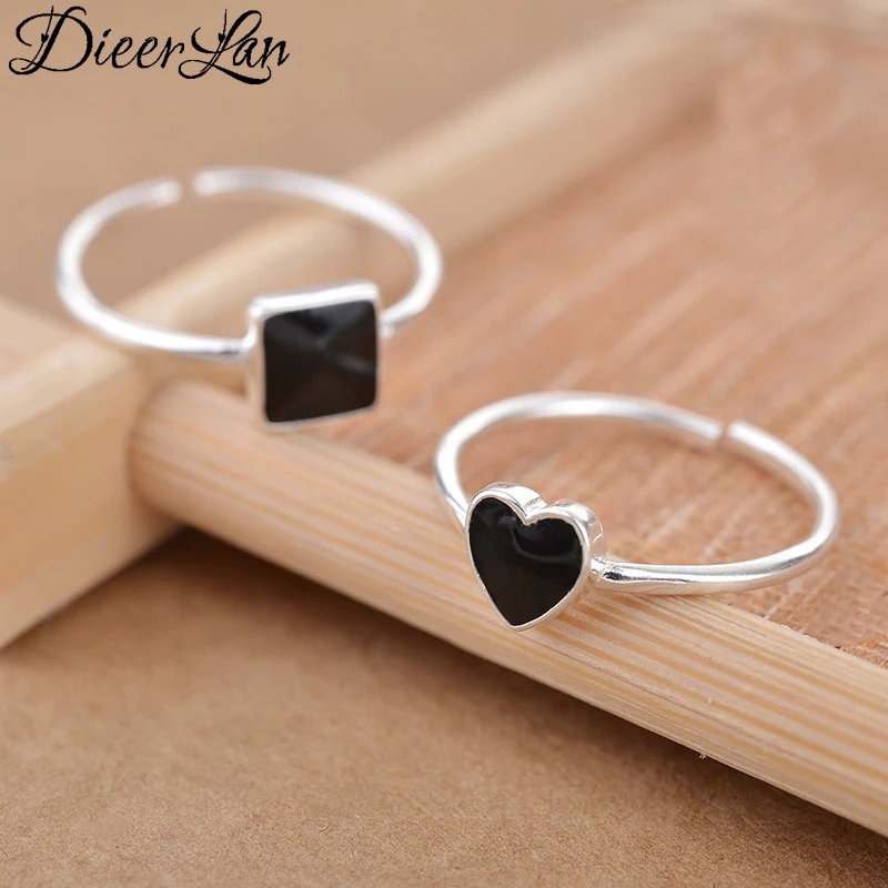 

New Arrivals 925 Sterling Silver Black Heart Square Rings for Women Adjustable Size Ring Fashion sterling-silver-jewelry