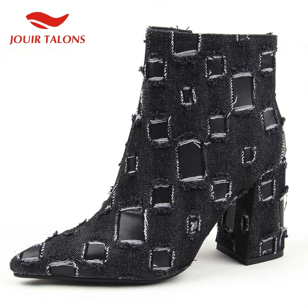 

2019 Fashion Denim Pointed Toe Ankle Boots Woman Winter Autumn 2019 women's High Heels Shoes Boots Women Big Size 35-43