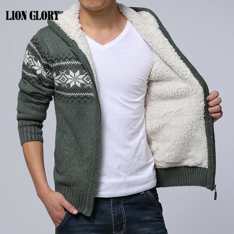 

2016 Autumn and Winter Sweaters Printing Knitted Cardigan Jacket Plus Thick Velvet Hooded Sweater Jacket Men Sweaters Large Size