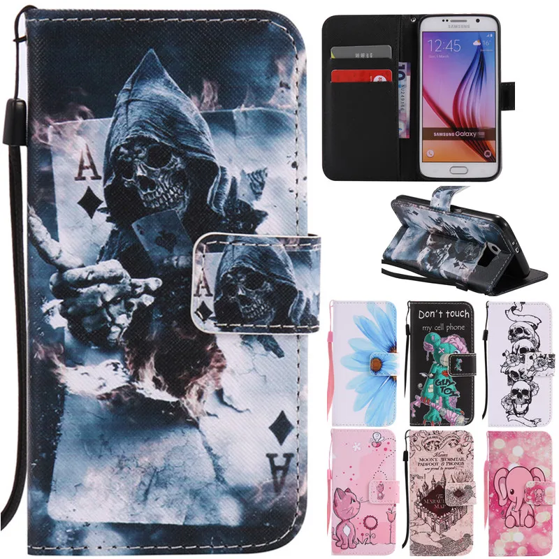

Luxury Cute Cartoon Poker Skull Cat Flower Flip Leather Fundas Case For Samsung Galaxy S3 SIII S4 S IV S5 S6 Edge S7 Edge Cover