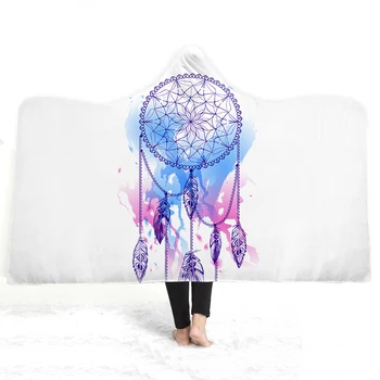 

2019 Wearable Dream Catcher Hooded Blanket Colorful Feather and Flowers Sherpa Fleece Throw Blanket with Cap for Kids Adult