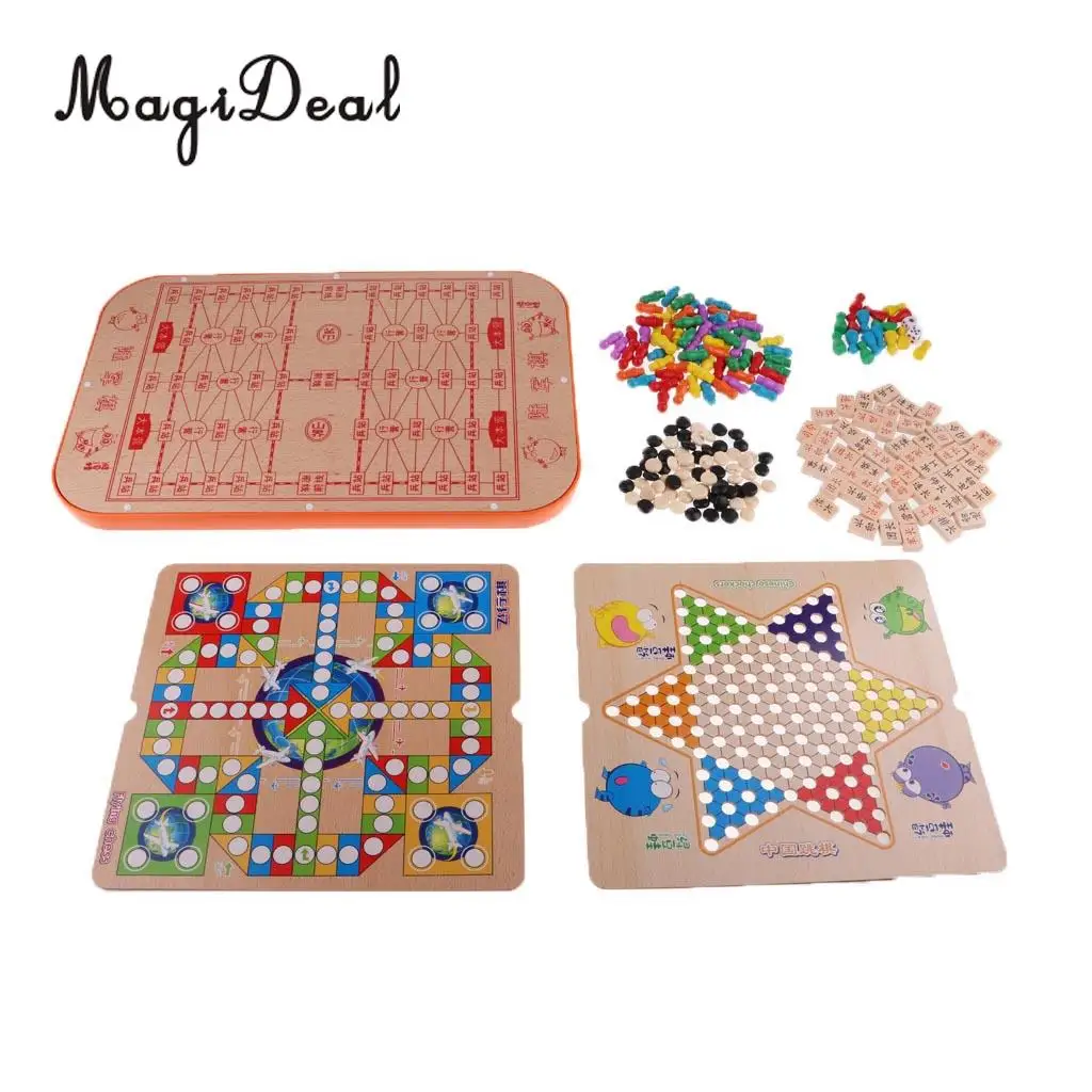6 In 1 Wooden Chess Pieces Game Board Chinese Checkers Gobang Stratego for Kids Adults Entertainment