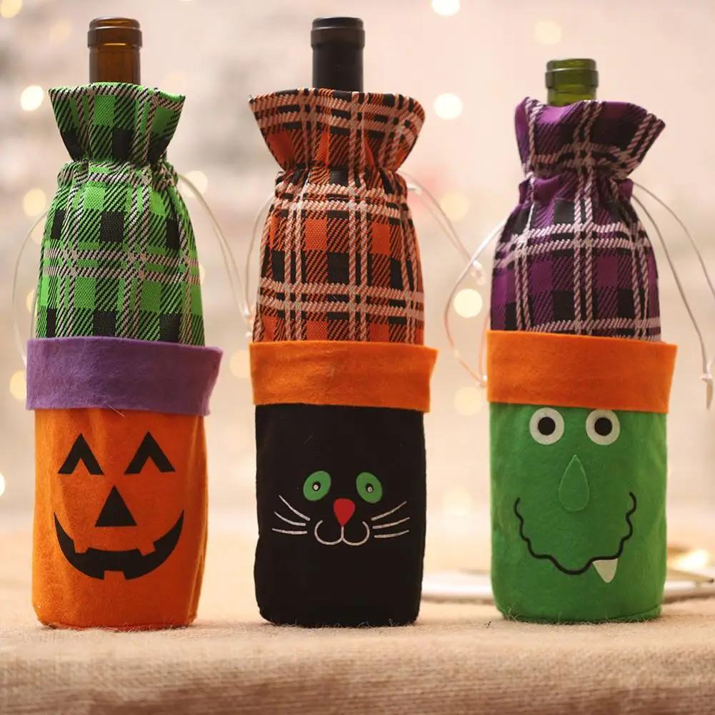 1pc Funny Pumpkin Grid Wine Decorative Bag Halloween Party Drawstring