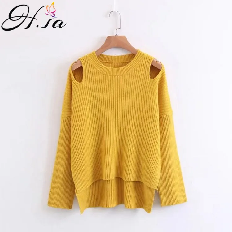

H.SA Autumn Winter New Arrival Women Pull Sweaters Oneck Off Shoulder Slim Sweater Jumpers Irregular Knitted Jumpers Korean