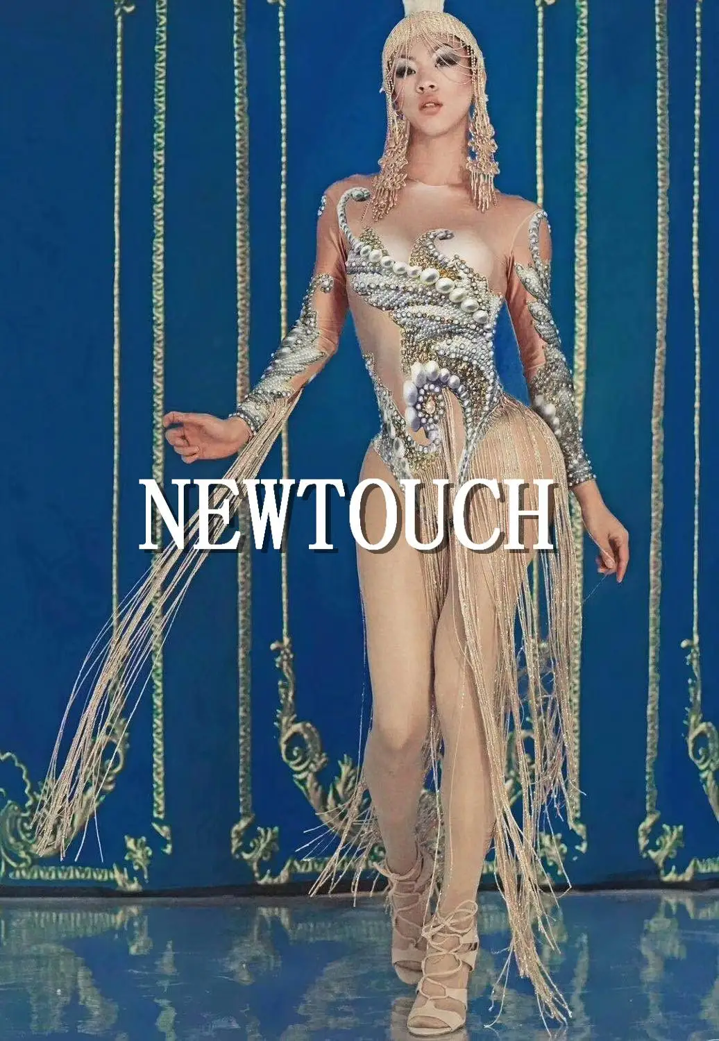 

Rhinestones DJ Tassel Diamond Dress Sexy Nightclub Long sleeve Fringed Big Elastic Dancer Costume Long One-piece Stage Costume