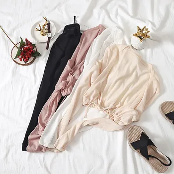 

2019 Summer Women's Fashion Solid Loose Long Sleeve Thin Blouse Sun Protection Kimono Lace Up Knitted Cardigan