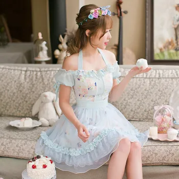 

Princess sweet lolit dresses Candy Rain summer refresh floral print off shoulder chiffon puff sleeve dresses bow C16AB6101