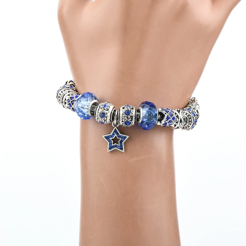 MELIHE синяя кристаллическая звезда очаровательные браслеты для женщин DIY бусины браслет из бусин серебряные браслеты горный хрусталь ювелирные изделия для женщин SBR160256