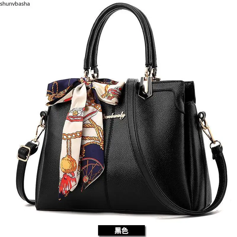 

with silk scarf Women 2019 fashion pu leather litchi portable big bag Ladies shoulder bag Female handbag sac a main