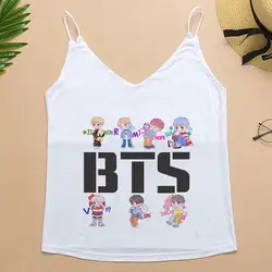 Корейский стиль плюс размер футболка К-поп BTS принт уличная мини без рукавов майка Kawaii v-образный вырез BT21 Harajuku Tumblr Crop Топы женские