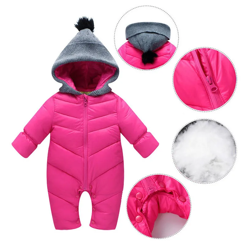 Зимние детские комбинезоны, однотонный комбинезон с капюшоном, сохраняющий тепло, на утином пуху, комбинезон для мальчиков и девочек, высококачественная одежда для малышей 0-18 месяцев