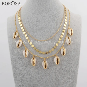 

BOROSA 2PCS Gold Plating Cowrie Shell Necklaces Silver Plated Trim Natural Cowrie Shell Three Layer Chain Necklace Jewelry G1736
