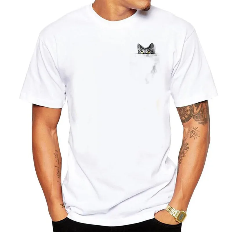 

New T shirt Men Funny Pocket SlothPandaBear Cat Summer Animal Printed T-Shirt High Quality Hipster Male Tops Tee white Modal
