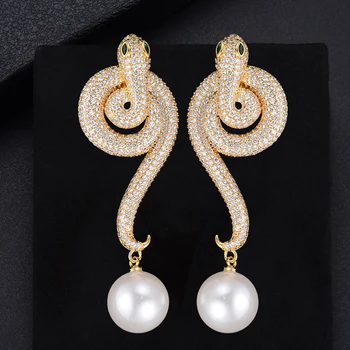 

Personality Spiral Snake Shape Pearl Pendant AAA Cubic Zirconia Dangle Drop Earrings For Women Girls