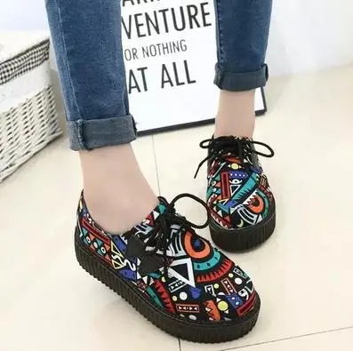

Harajuku Black Suede Platform Shoes 2015 Women Shoes Female Leopard Leather Punk Gothic Creepers Retro Florals Lace-up Flats