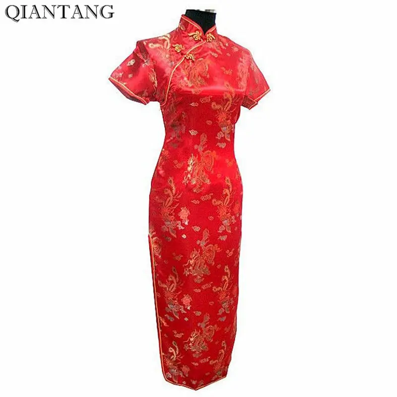 Благородные пикантные Красные Китайский Для женщин атлас Cheongsam длинное платье Qipao Дракон Phenix размеры s m l xl XXL, XXXL 4XL 5XL 6XL Mujere Vestido j3090