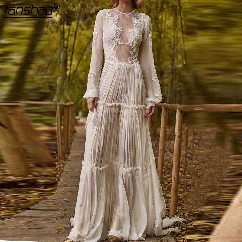 

Muslim Wedding Dresses O-Neck Long Sleeve Lace Illusion Boho Wedding Dress Vestido de Noiva Gardern Bridal Dress Robe De Mariee