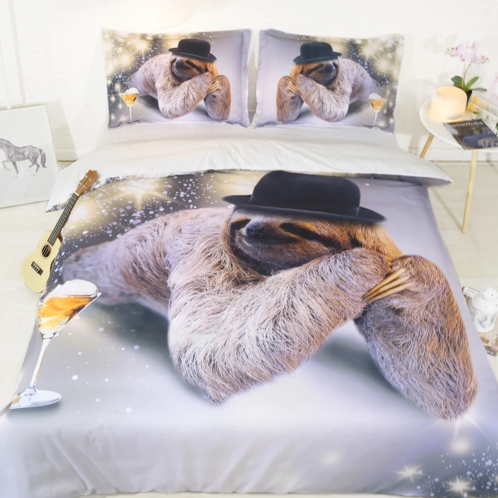 Gray Cocktail Sloth 3 Piece Duvet Cover Set 3d Bed Linens Bedding