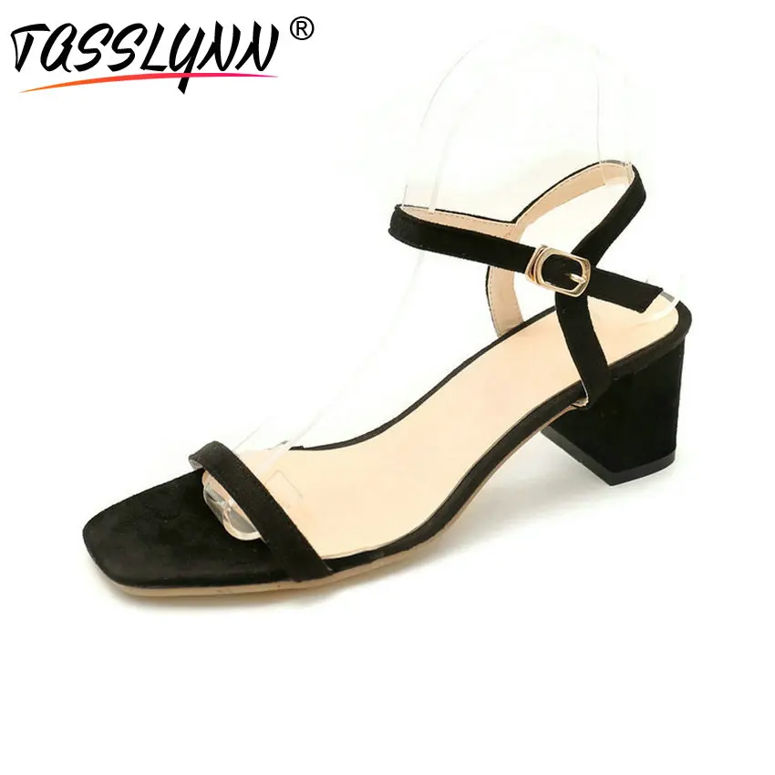 

TASSLYNN 2018 Women Sandals Mature Square High Heels Flock Shoes Fashion Square Toe Buckle Strap Women Shoes Size 34-43
