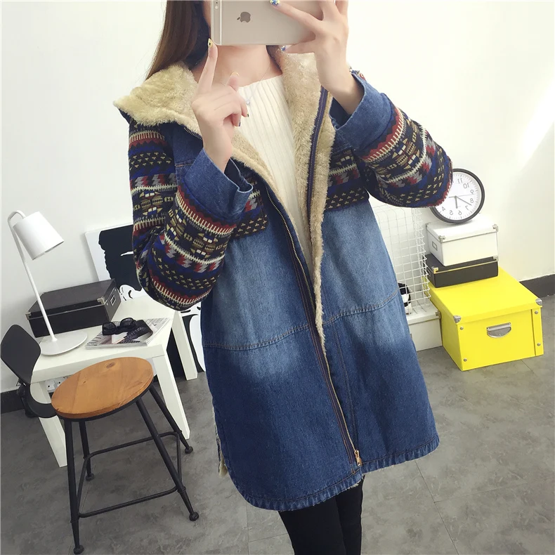 Doublure Chaud Capuche Femmes Jeans Veste Fourrure De Manteau À Automne Manches Longues Broderie Avant 2017 Avec Poches Tribal Outwear Denim Long BI48Ox