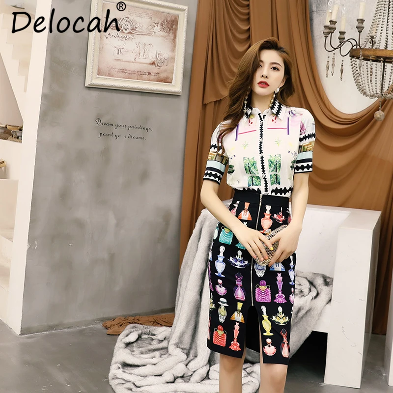 

Delocah New Women Spring Summer Vintage Suits Runway Fashion Designer landscape Printed Shirt+Elegant Slit Skirt Two Pieces Set