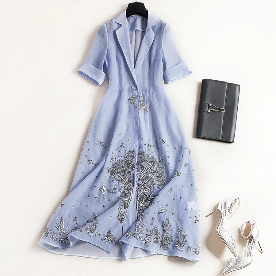 Designer Dress New 2018 Summer Fashion Elegant Jungle Birds Embroidery Luxury Half Sleeve Turn-Down Collar Slim Office Dress