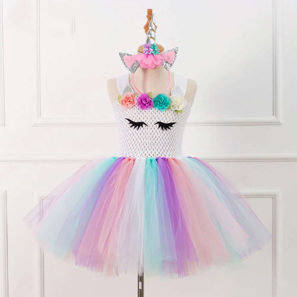 

Brand Flower Girls Unicorn Tutu Dress Pastel Rainbow Princess Girls Birthday Party Dress Children Kids Halloween Unicorn Costume