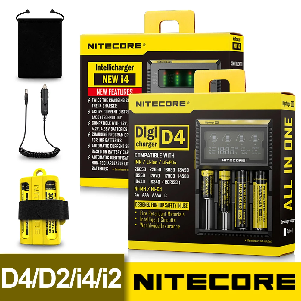 

Hot Nitecore D4 D2 New I4 I2 Battery Charger LCD Intelligent Charger Li-ion 18650 14500 16340 26650 AAA AA 12V Battery Charger