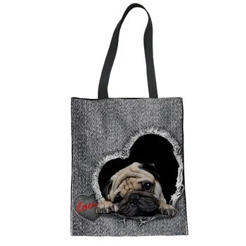 

THIKIN Tote Cotton Student Book Bag Jeans Pocket Animal Dog Cat Womens Large Capacity Female Shopping Bag Reusable Shopping Bag