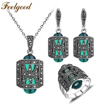 Feelgood Russia Antique Silver Color Jewellery Set Green Resin And Rhinestone Fashion Vintage Jewelry Sets For Women Mother Gift