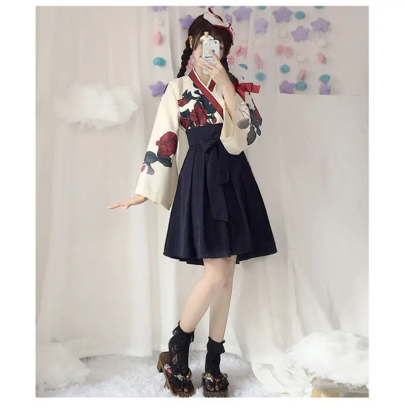 Японский стиль, ретро-кимоно Haori, цветочный принт, длинный рукав, женские вечерние платья для косплея, летняя модная одежда, юбка с бантом, распродажа - Цвет: ShortSkirtSet -Black