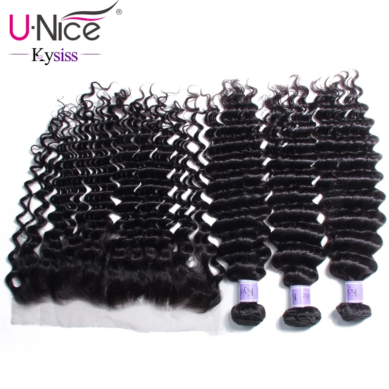 Волосы UNICE 8A Kysiss серии глубокая волна перуанские пучки волос с фронтальной девственные волосы 3 Связки с фронтальной человеческие волосы
