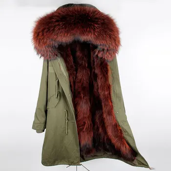 

Women's Fashion Loose Large Real Raccoon Fur Hooded and Lining Thick Warm Military Long Parkas Jackets Ladies Luxurious Coats