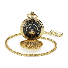 SHUHANG Brand Gold Plated Mens Skeleton Mechanical Hand Winding Pocket Watch Steampunk Watch w/Chain
