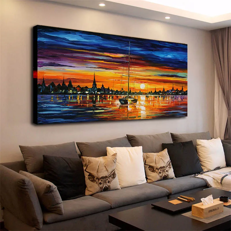 

Oil Art Landscape Painting Print on Canvas Sea in the Sunset Scenery Wall Art Framed Abstract Seascape Decor Picture for Home