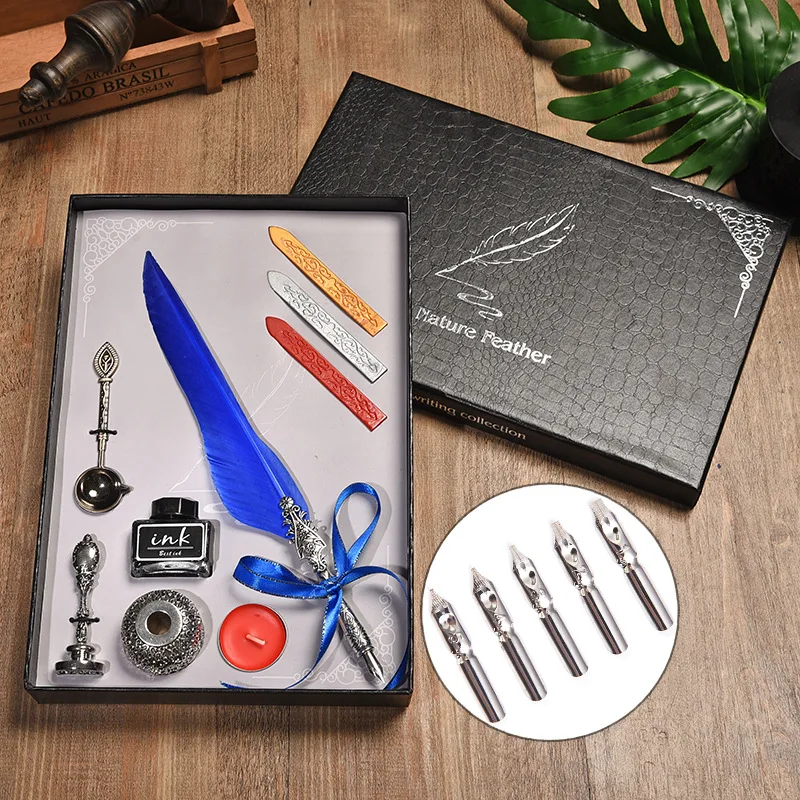 Retro Calligraphy Feather Dip Pen with 2 Nib Set Fountain Writing Gift Box 