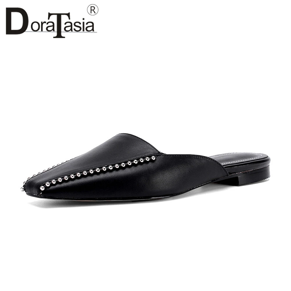 

DORATASIA New Fashion Big Size 33-41 Genuine Leather Metal Decoration Ladies Shoes Woman Casual Outside Summer Slippers 2019
