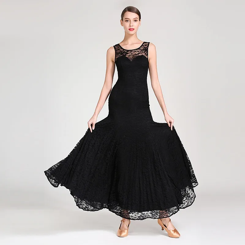 Кружевное платье без рукавов для бальных танцев Одежда для Бальных женские черные фламенко платье, Одежда для танцев костюм для румбы фокстрот платье