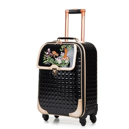 women PU leather travel luggage bag on wheels trolley Cartoon printed student style